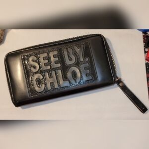 Auth See By Chloe Long Black Patent Leather Zipper Wallet